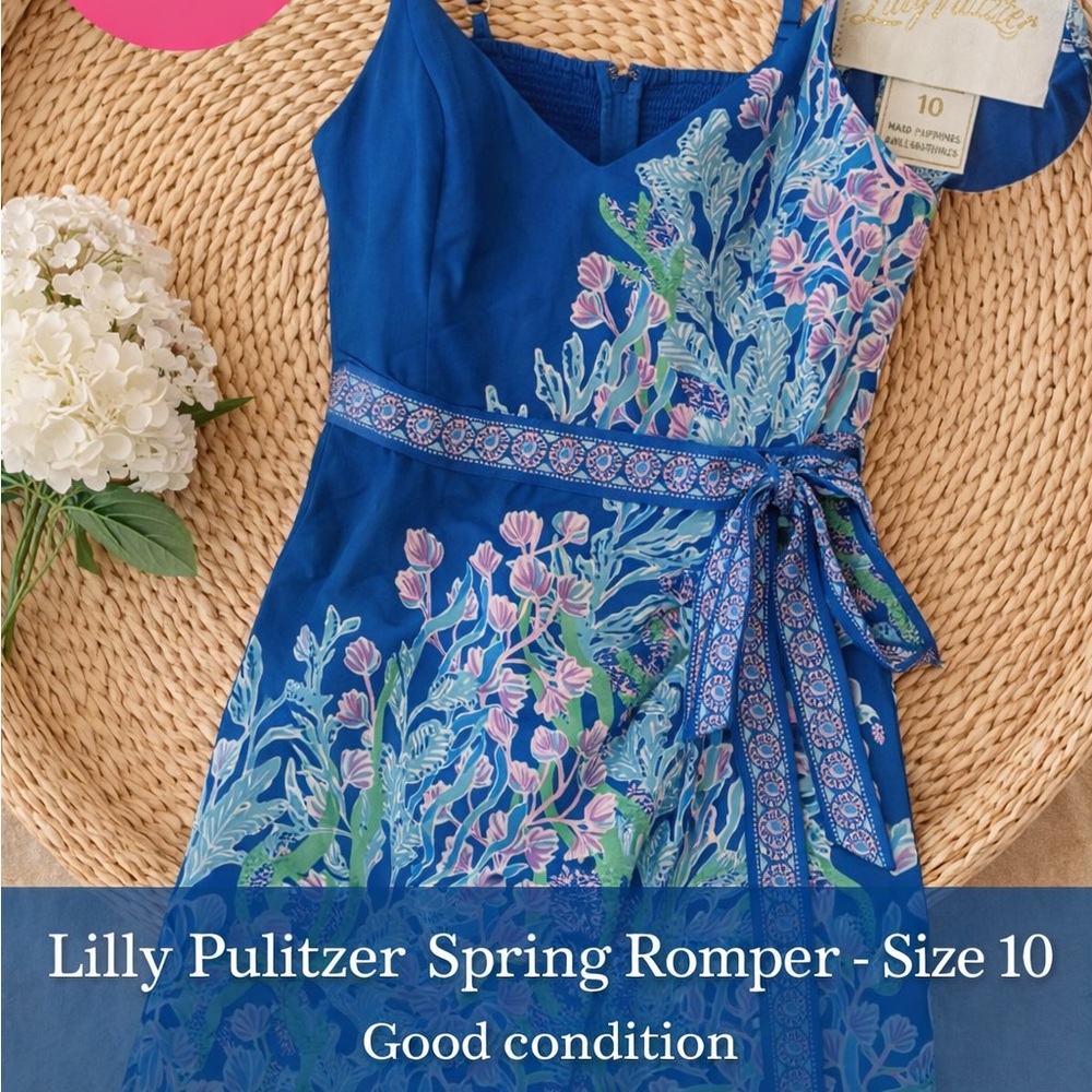 Lilly Pulitzer Royal Blue Floral Tie-Waist Romper